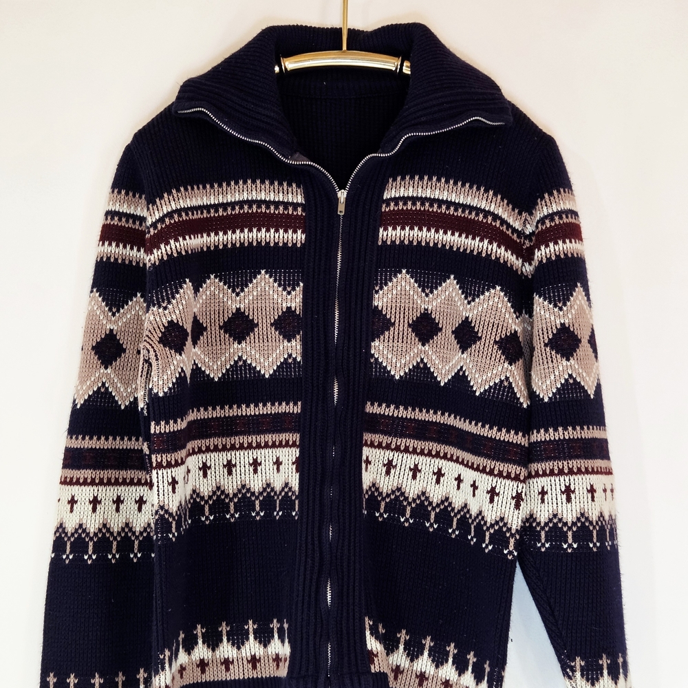 Vintage Chunky Knit Zip Up Sweater Mens Nordic Ski Pattern Blue Burgundy